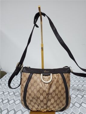 GUCCI Crystal Monogram Small D Gold Ring Messenger Bag Dark Brown/Beige